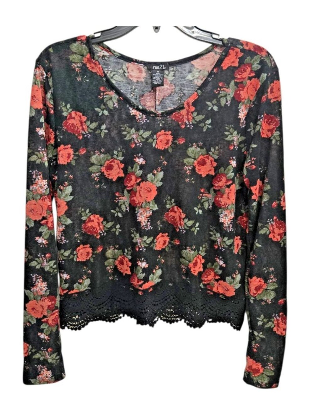 Rue 21 Black Semi Sheer Floral Pullover Crochet Trim